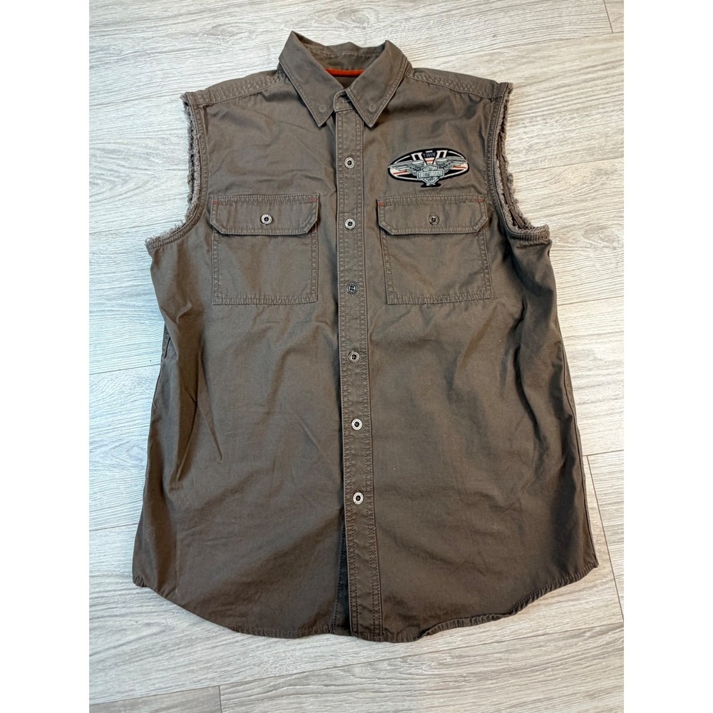Harley-Davidson Mens Sleeveless Button Down Shirt Brown Twin Cam Patch Size‎ M